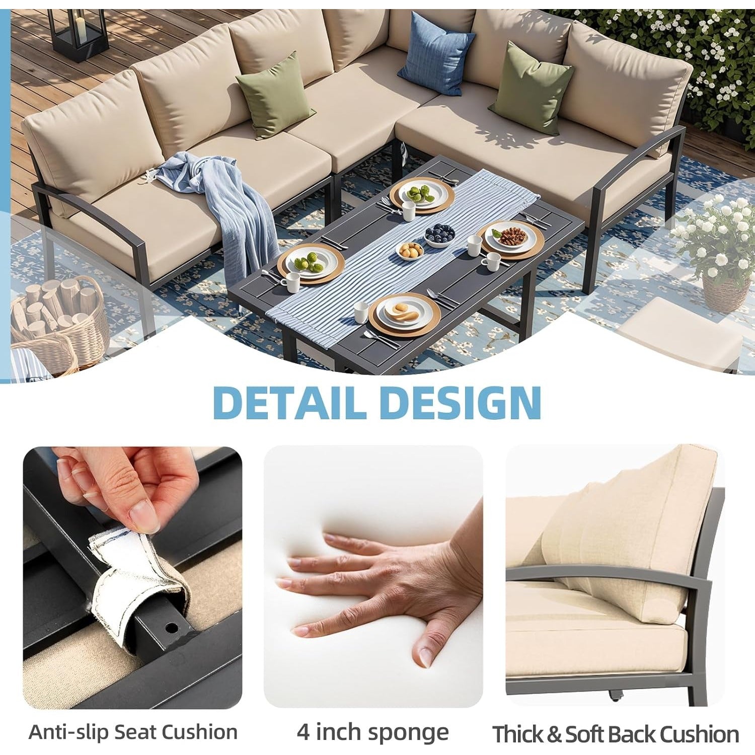 YODOLLA 7 Pieces Metal Patio Furniture Set, Biege