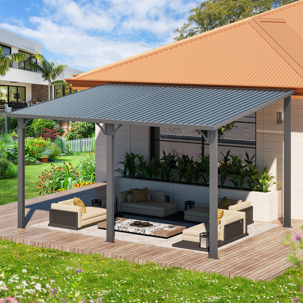 YODOLLA 14' x 10' Hard Top Lean to Gazebo Outdoor Pergola, Dark Grey