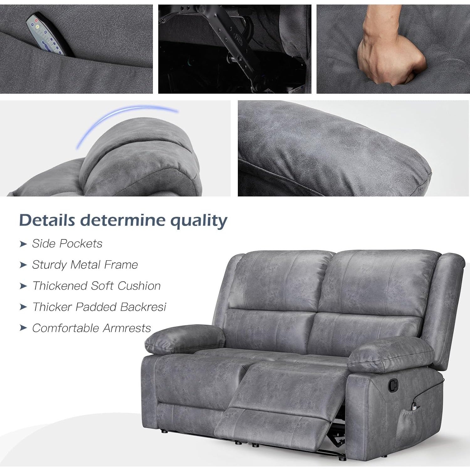 YODOLLA 2 Seat Loveseat Recliner with Heat&Massage Function, Faux Leather, Greybest