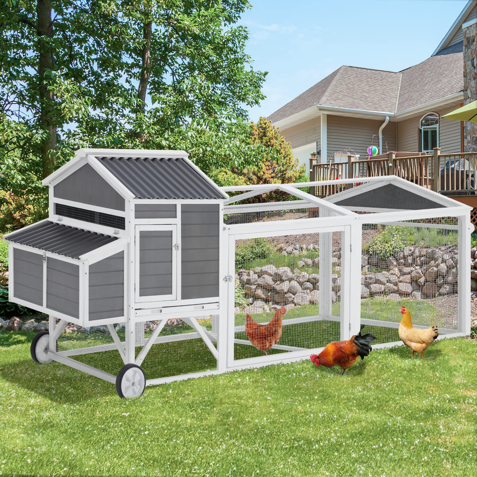 YODOLLA 95" Wooden Chicken Coop with Wheels Chicken Hutch Tractor, Graybest