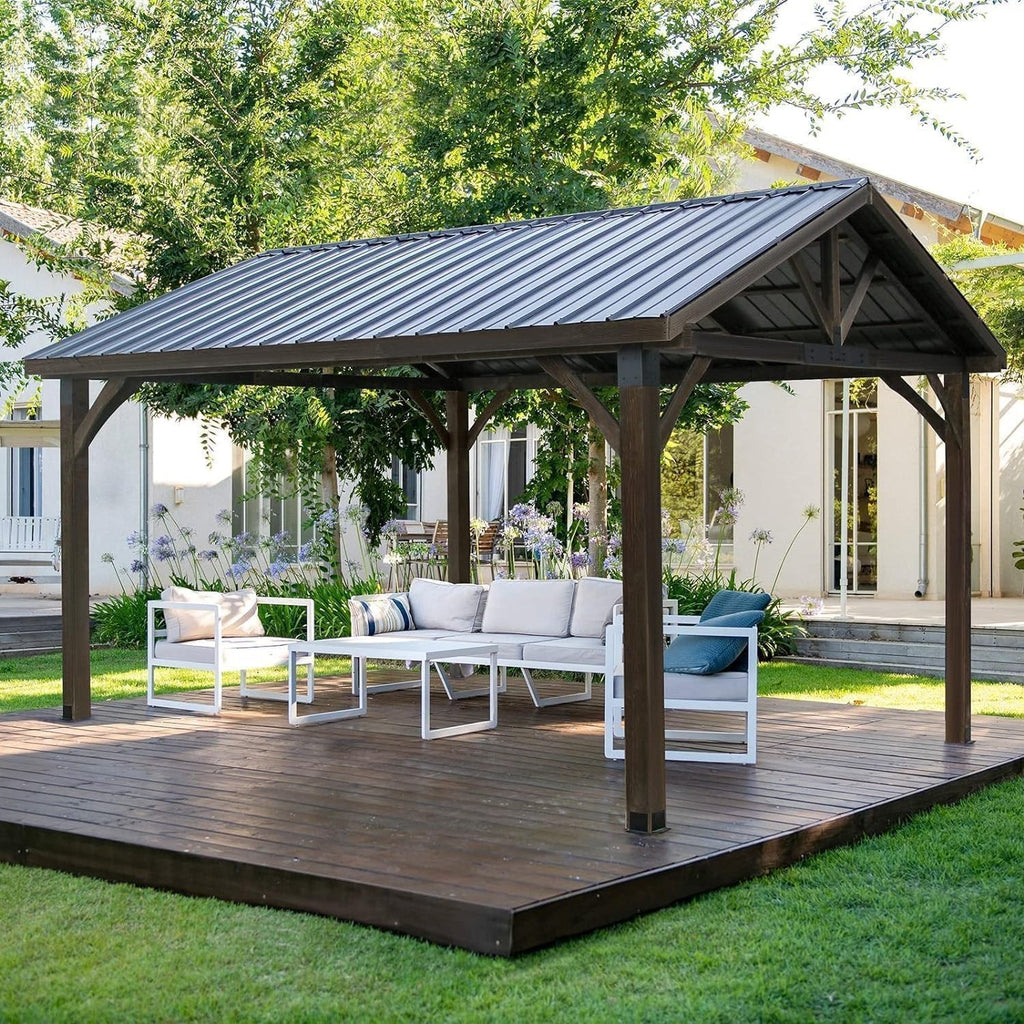 YODOLLA 14'x12' Wooden Gazebo on Clearance, Pergolas with  Arlington Polycarbonate Pyramid Hip Roof, Dark Brown Roof