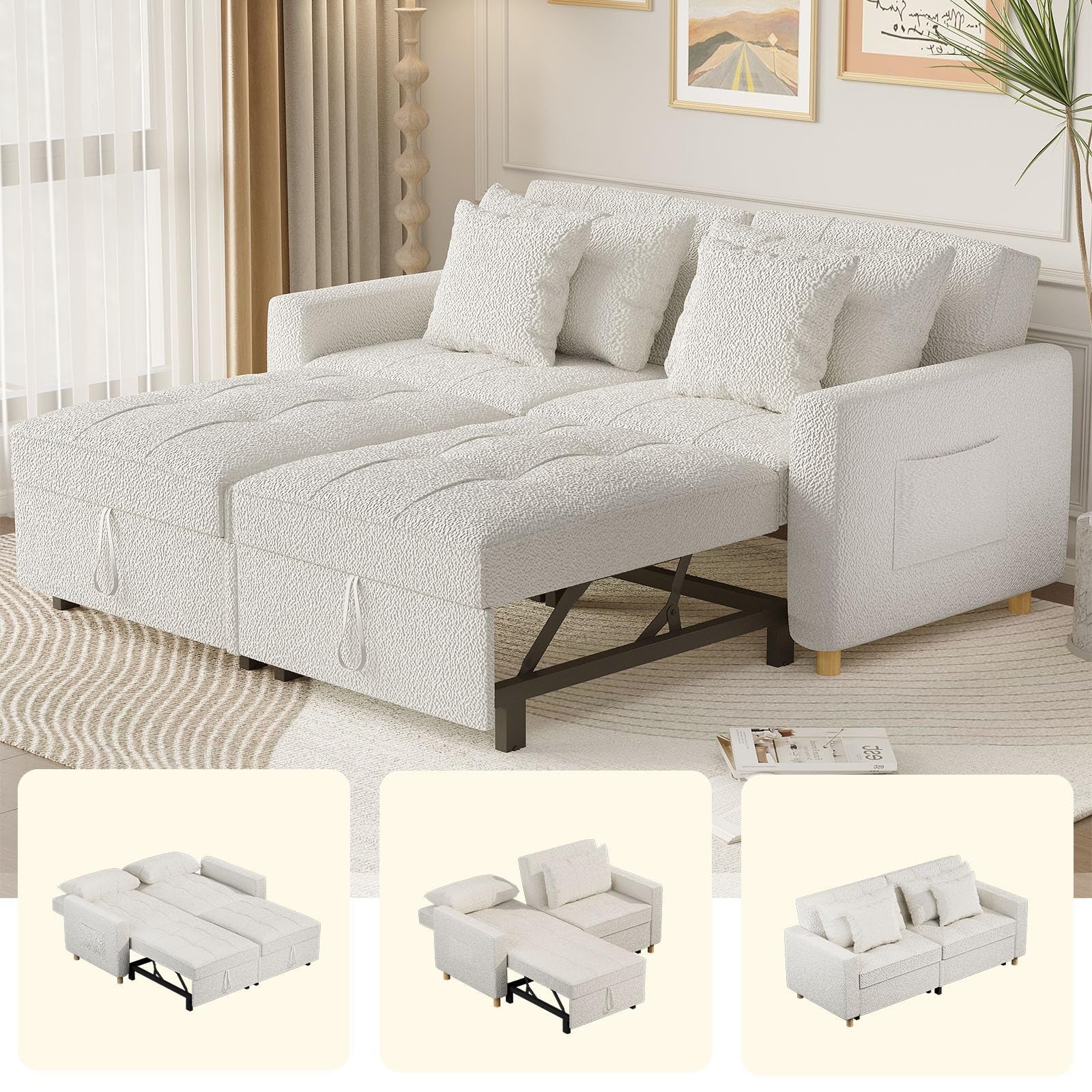 YODOLLA Comfortable 3-1 Convertible Sofa Bed,Teddy White