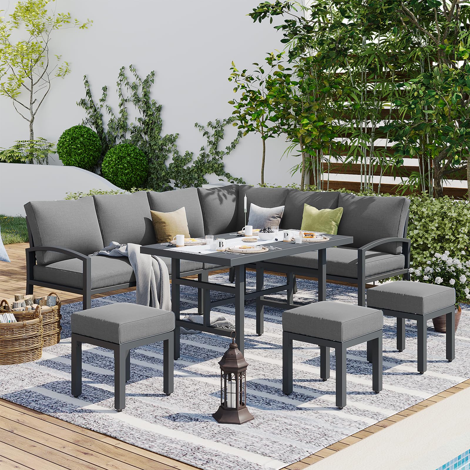 YODOLLA Outdoor Dining Sofa Set w/ Table, Grey