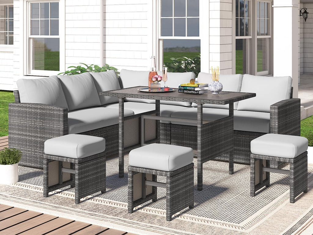 YODOLLA 7 Pieces Outdoor Wicker Rattan Dining Sofa Set, Light Grey