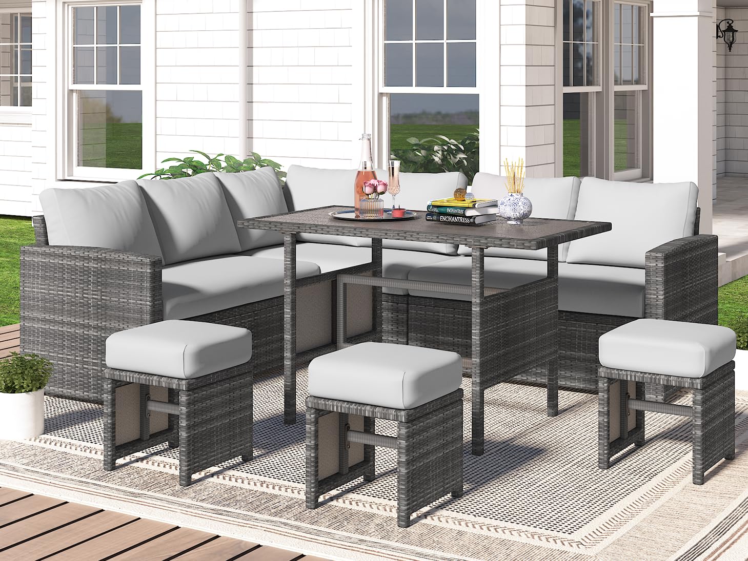 YODOLLA 7 Pieces Outdoor Wicker Rattan Dining Sofa Set, Light Grey
