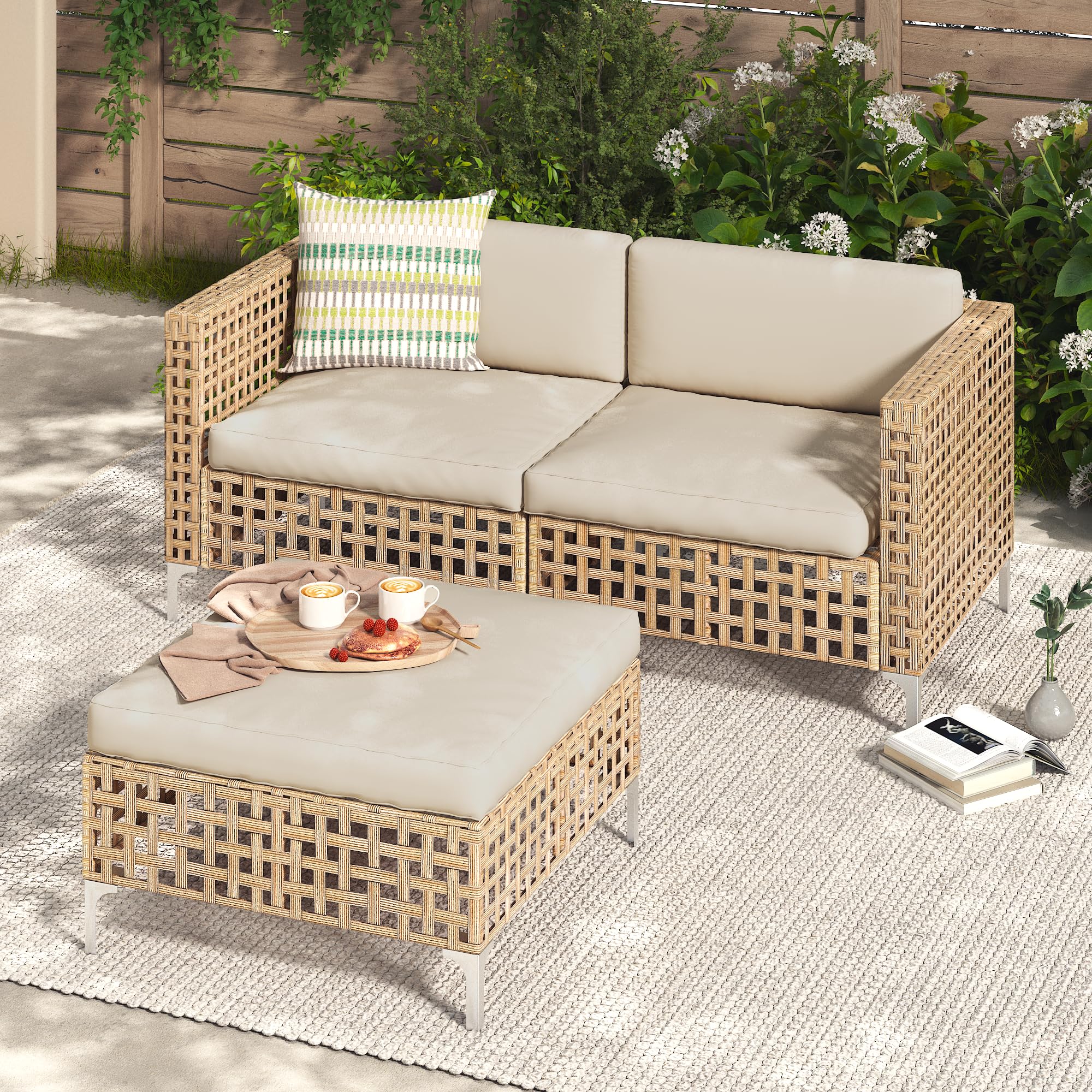 YODOLLA Outdoor Wicker Patio Furniture Sofa, Loveseat+Ottoman