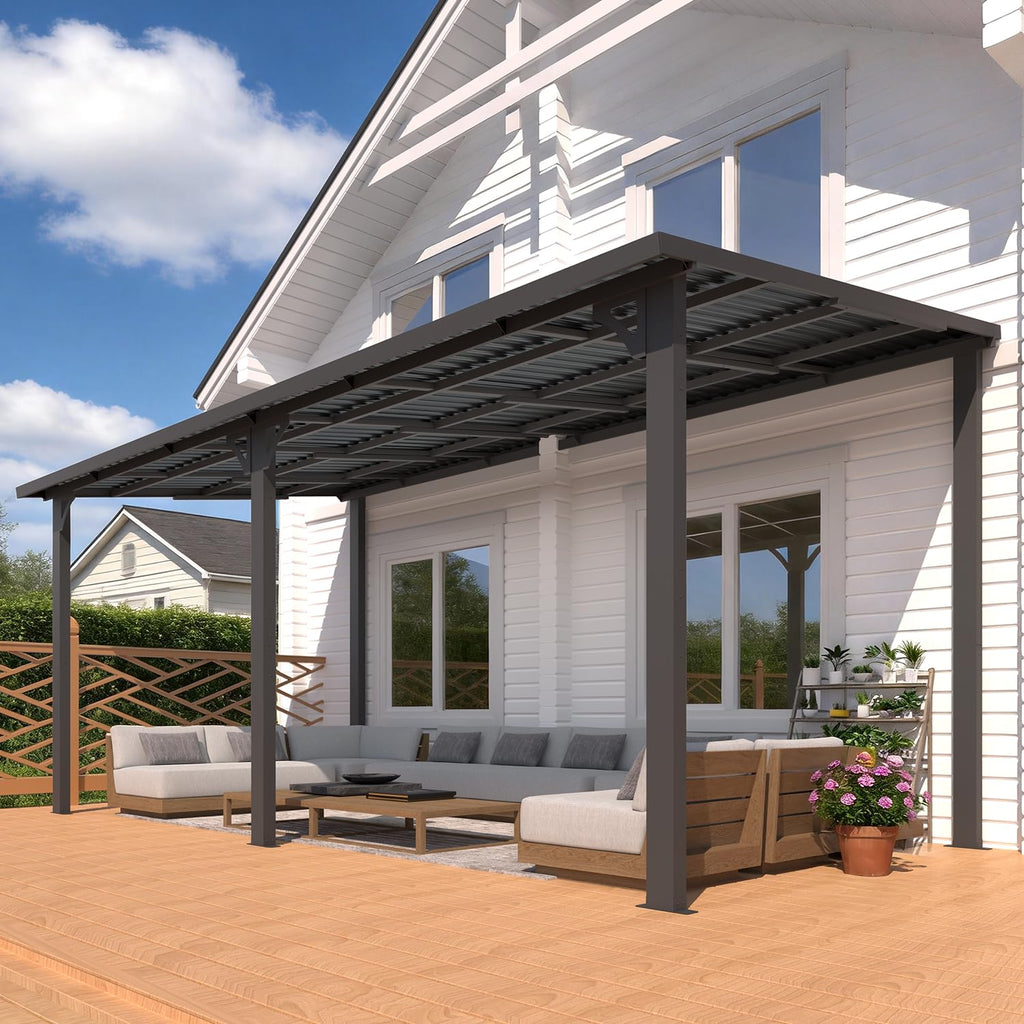 YODOLLA 16' x 8' Outdoor Hardtop Metal Gazebo Lean to Galvanized Steel Wall Mounted Pergolas