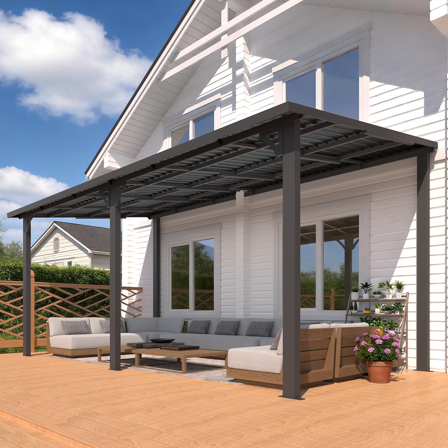YODOLLA 16' x 8' Outdoor Hardtop Metal Gazebo Lean to Galvanized Steel Wall Mounted Pergolas