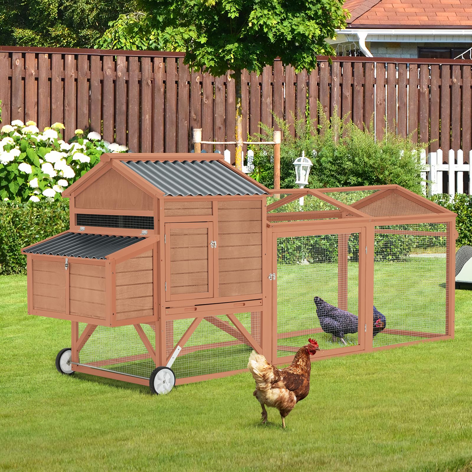 YODOLLA 95" Wooden Chicken Coop with Wheels Chicken Hutch Tractor, Brown