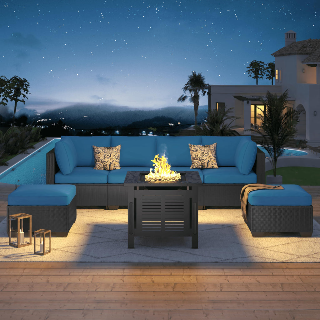 YODOLLA 7 Piece Outdoor Patio Furniture Set with 30 Inch Fire Pit Table, Black Rattan Peacock Blue Cushion
