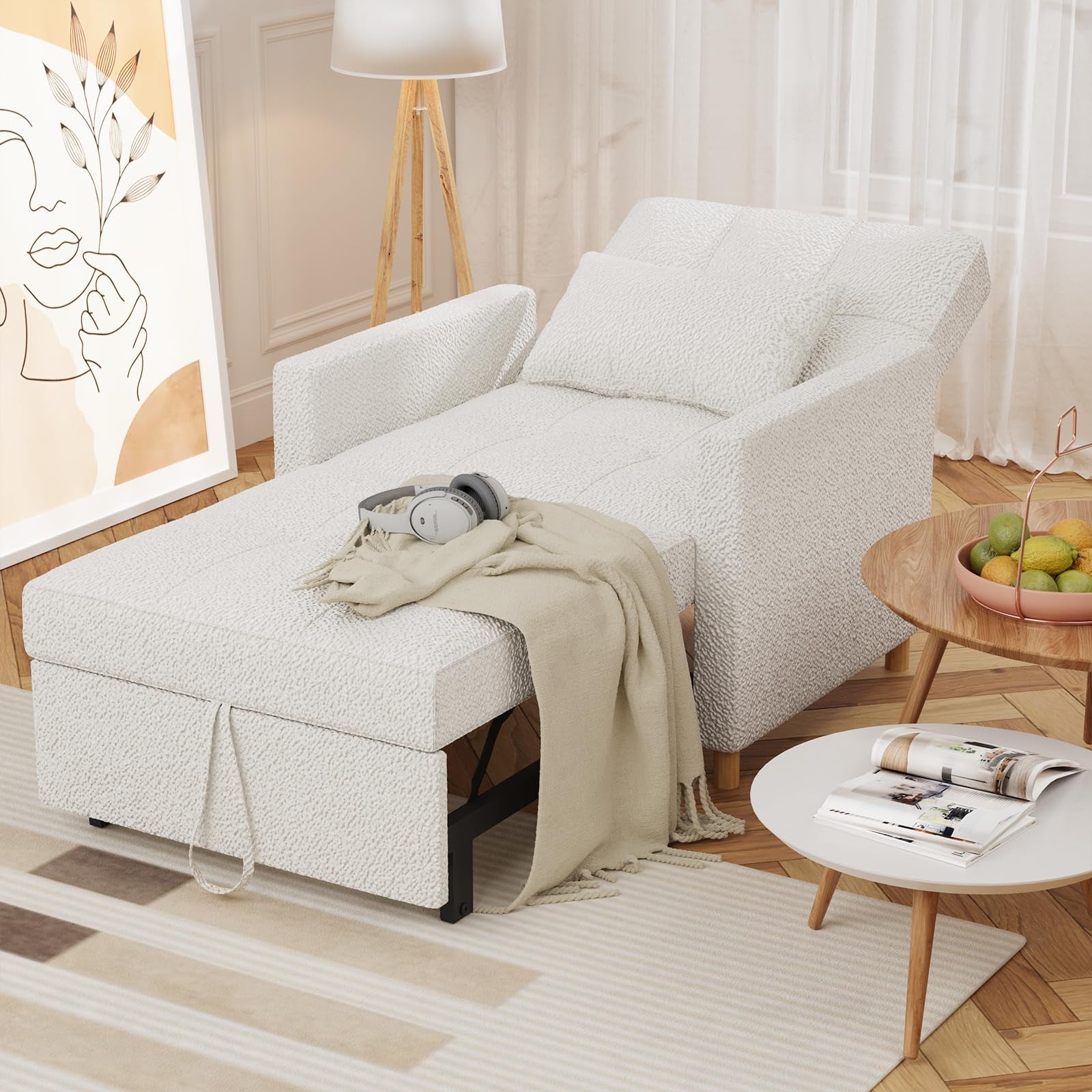 YODOLLA 3 in 1 Chair Bed Sleeper for Adults, Teddy White