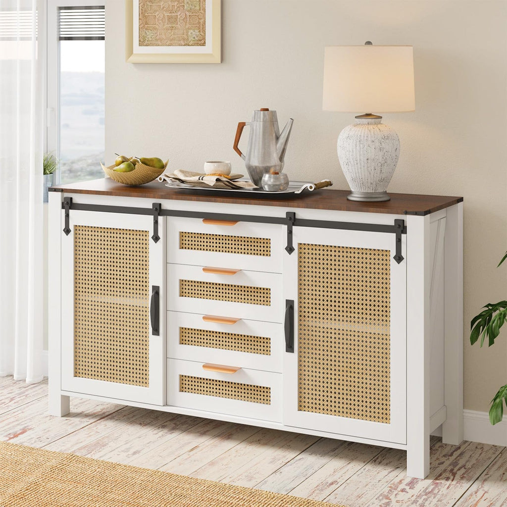 YODOLLA Farmhouse Sideboard Buffet Cabinet with Storage, Rattan Kitchen Cabinet w/Sliding Barn Doors & 4 Drawers
