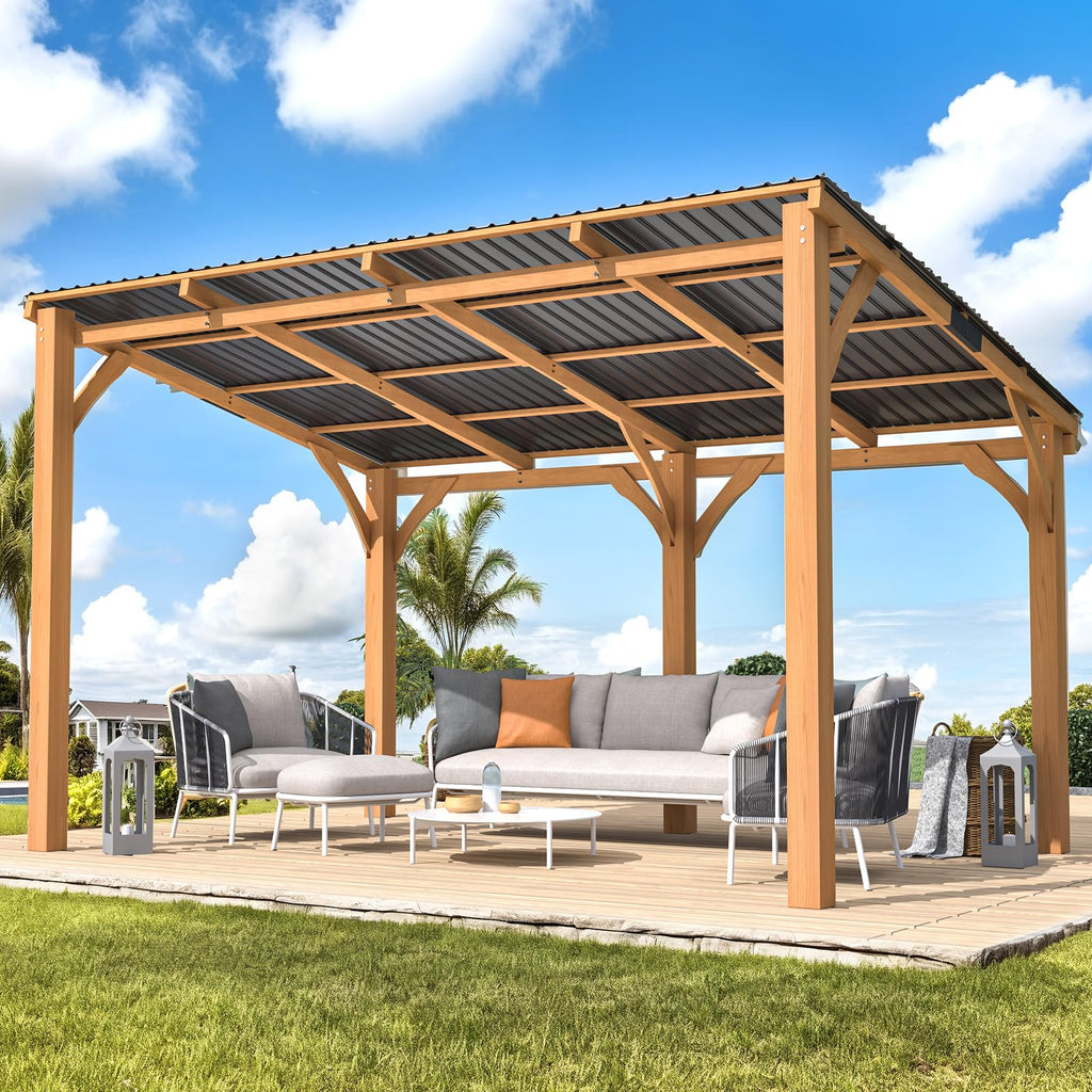 YODOLLA 14' x 10' Outdoor Wood Ceder Gazebo Lean to Hardtop Pergolas