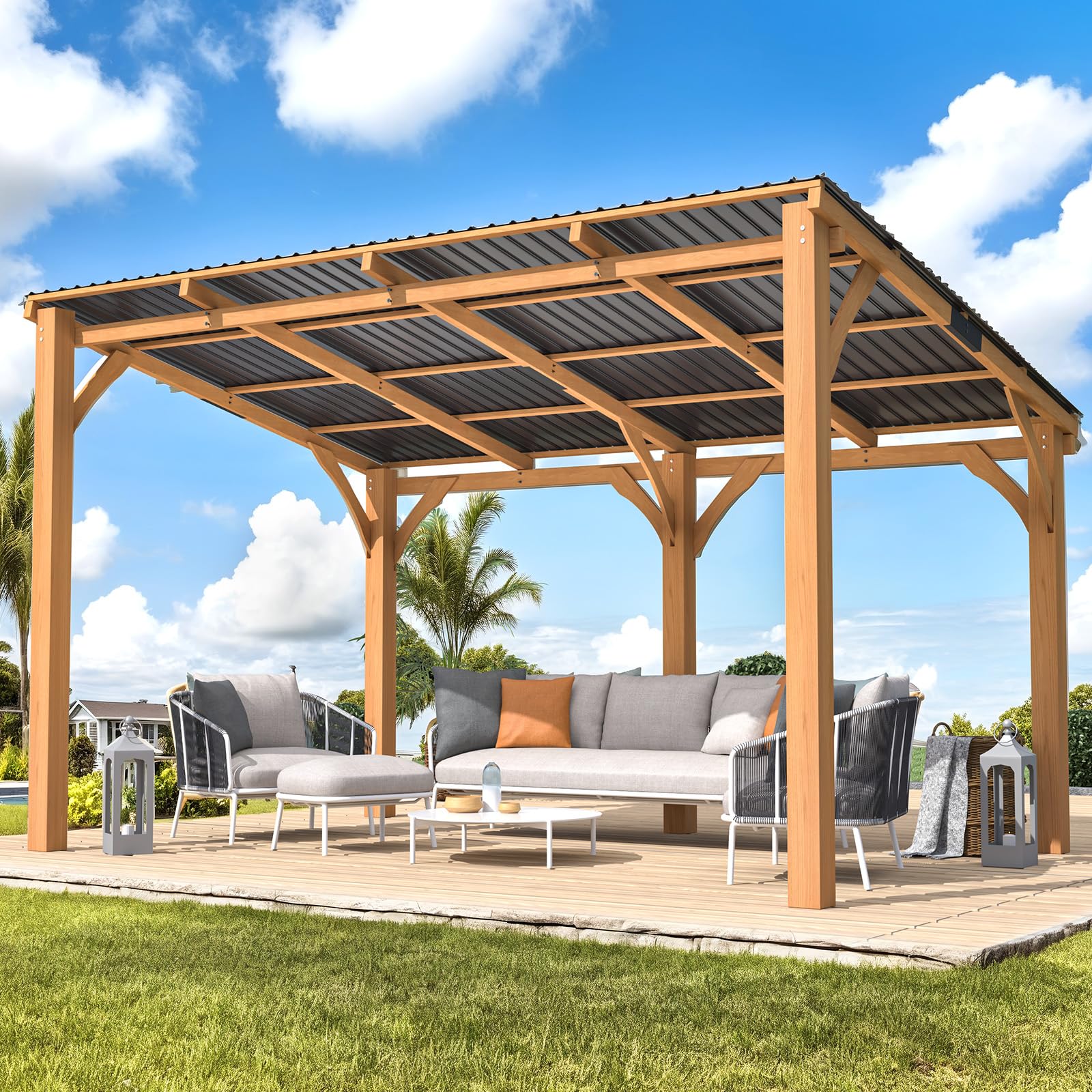 YODOLLA 14' x 10' Outdoor Wood Ceder Gazebo Lean to Hardtop Pergolas