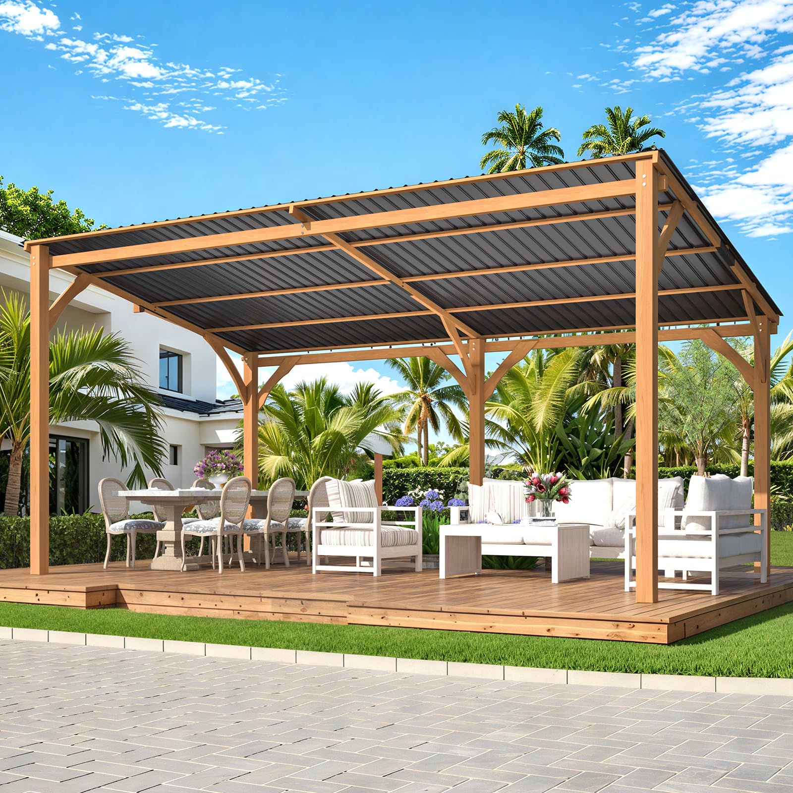 YODOLLA 16' x 10' Outdoor Wood Ceder Gazebo Lean to Hardtop Pergolas