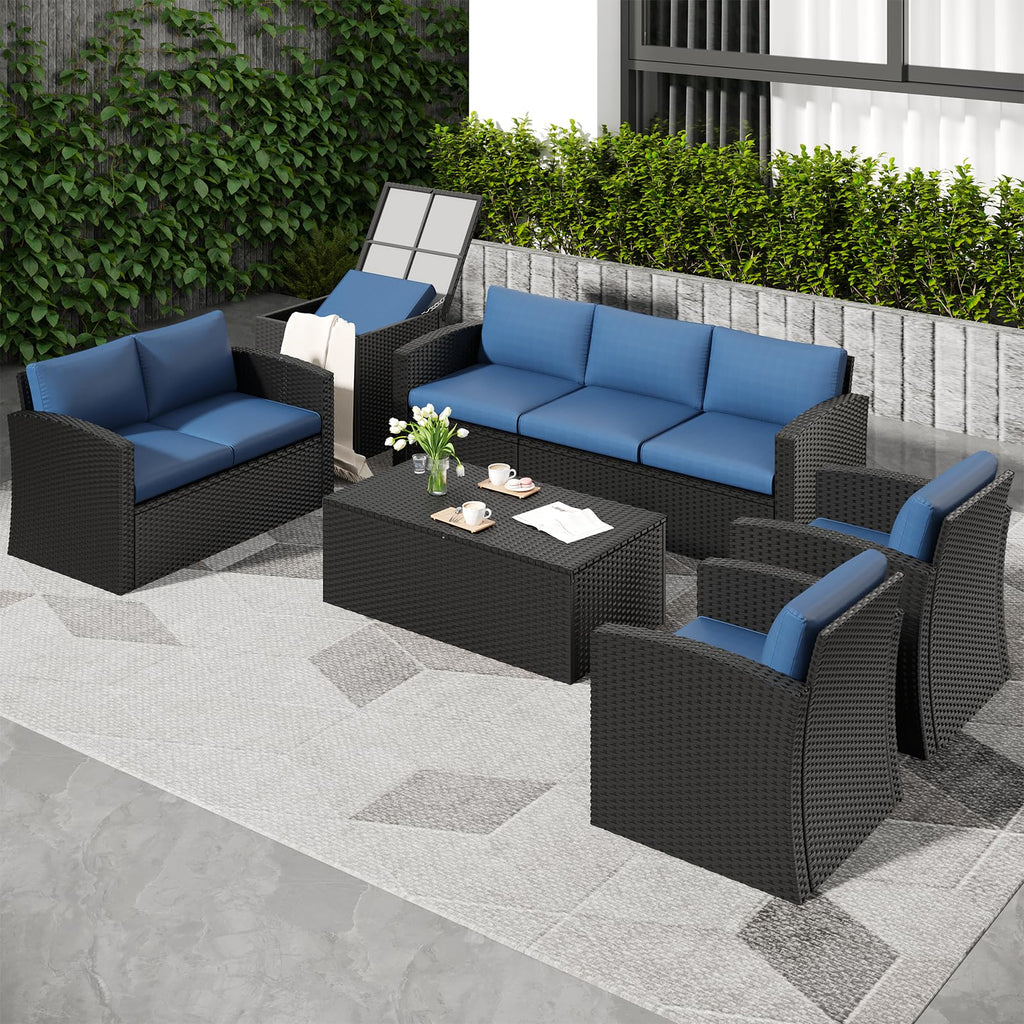 YODOLLA 7 PCS Outdoor Patio Furniture Sets with 2 Storage Boxes, Black & Dark Blue