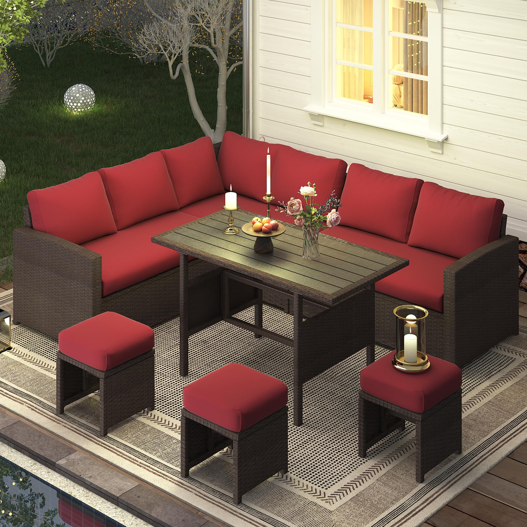 YODOLLA 7 Pieces Outdoor Wicker Rattan Furniture Set, Brown & Wine Redbest