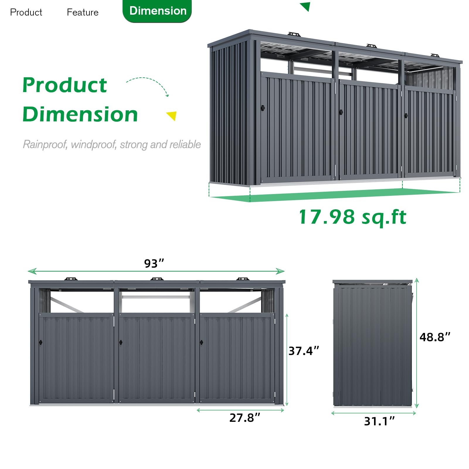 YODOLLA 73 Cu.Ft Outdoor Trash Can Storage Shed for 3 Garbage Cans