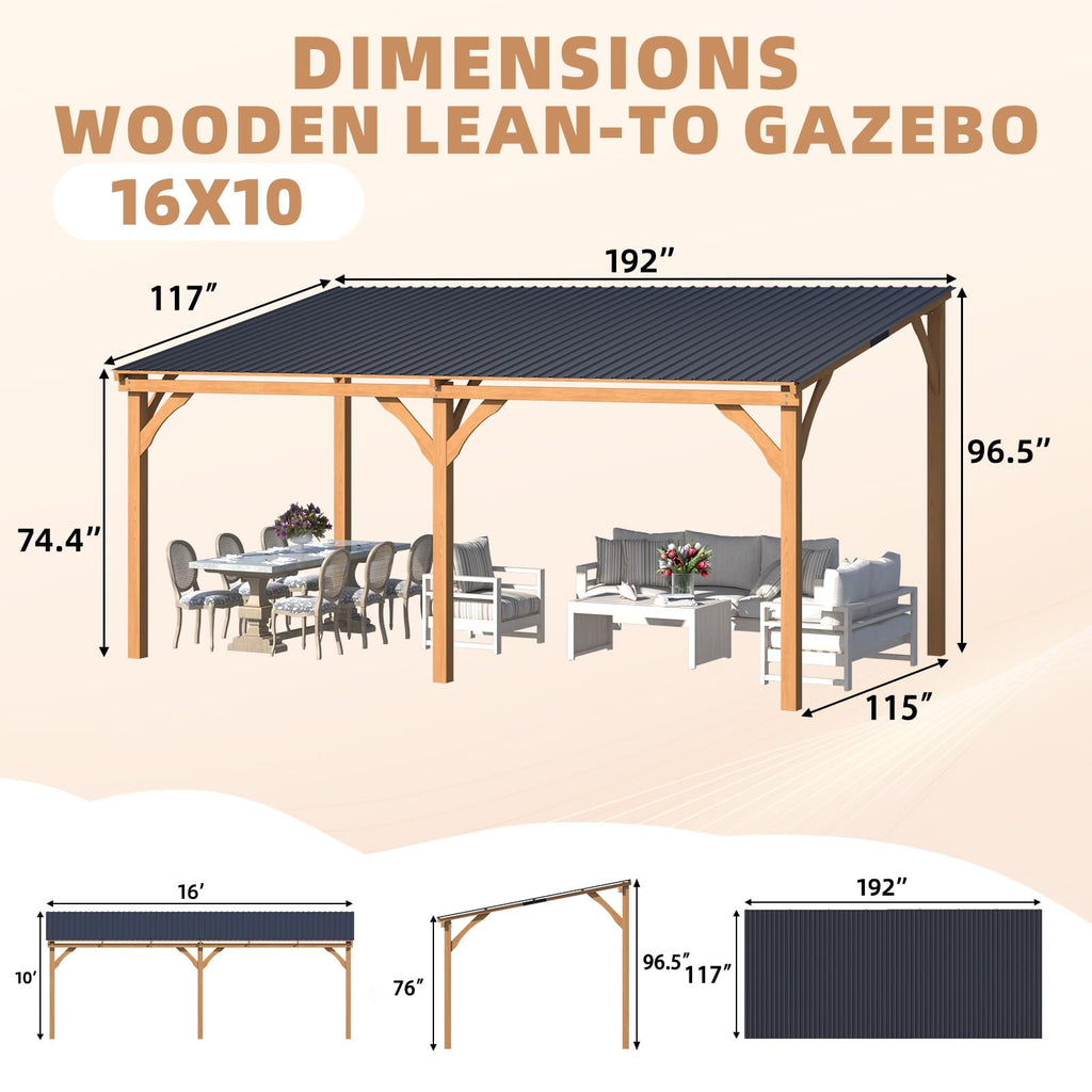 YODOLLA 16' x 10' Outdoor Wood Ceder Gazebo Lean to Hardtop Pergolas