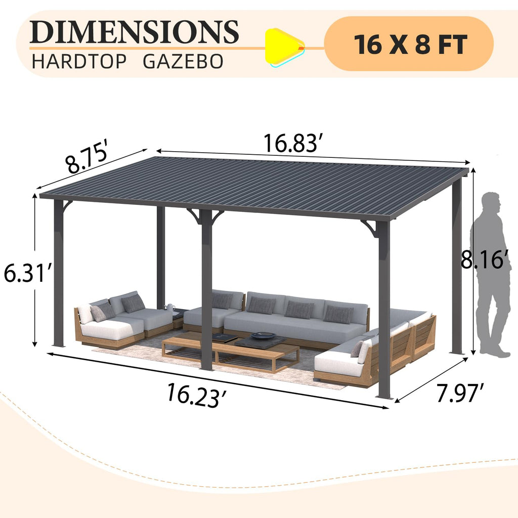 YODOLLA 16' x 8' Outdoor Hardtop Metal Gazebo Lean to Galvanized Steel Wall Mounted Pergolas