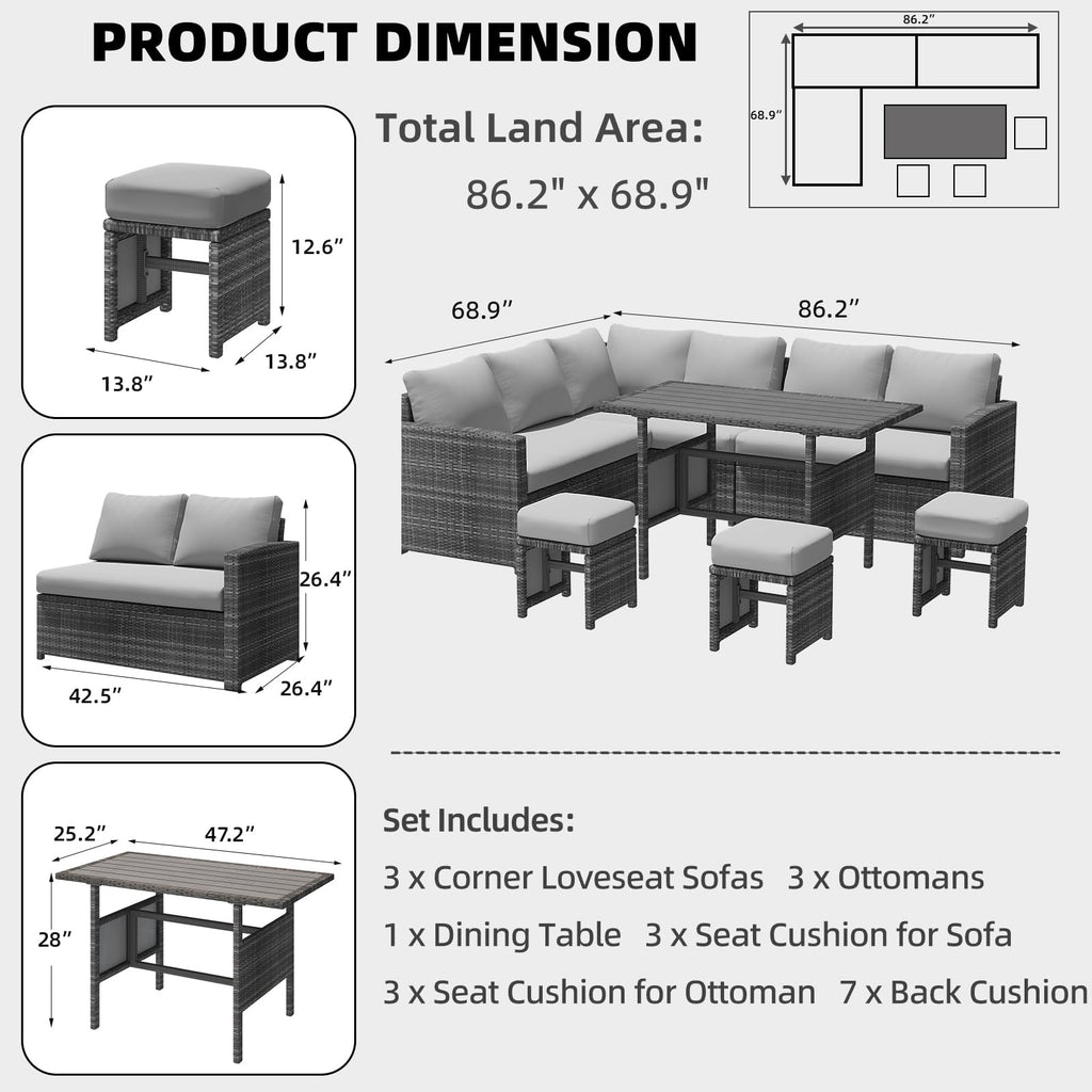 YODOLLA 7-Pc Patio Set, Grey Rattan & Grey Cushion