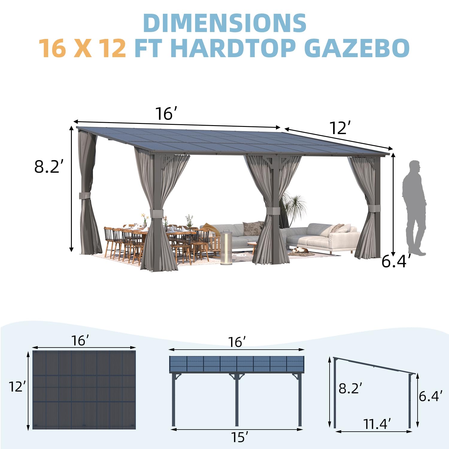 YODOLLA 16' x 12' Gazebo Outdoor Pergola with Curtains and Netting