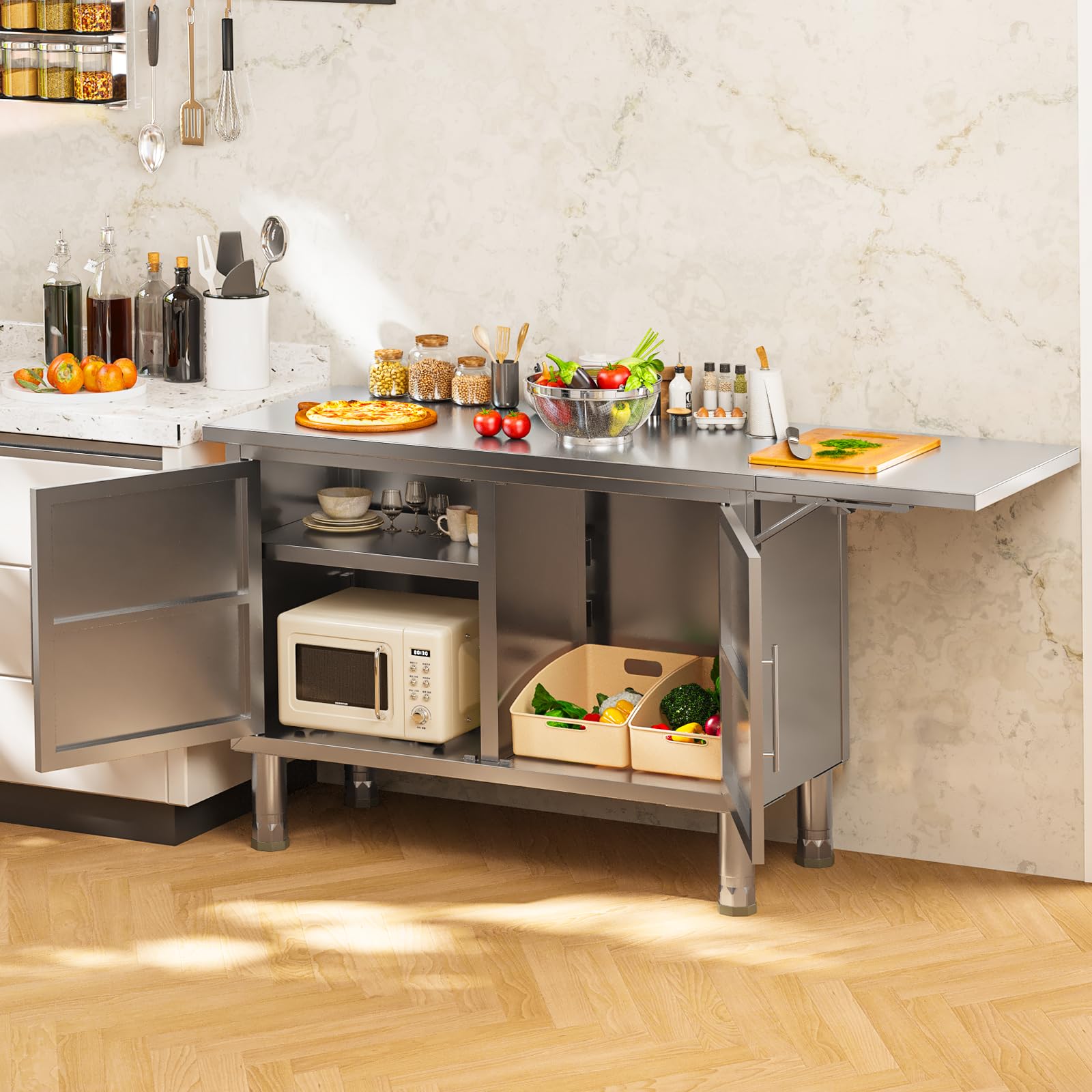 YODOLLA 57"x19.7" Stainless Steel Work Table Kitchen Cabinets with Extend Panel & Adjustable Shelf