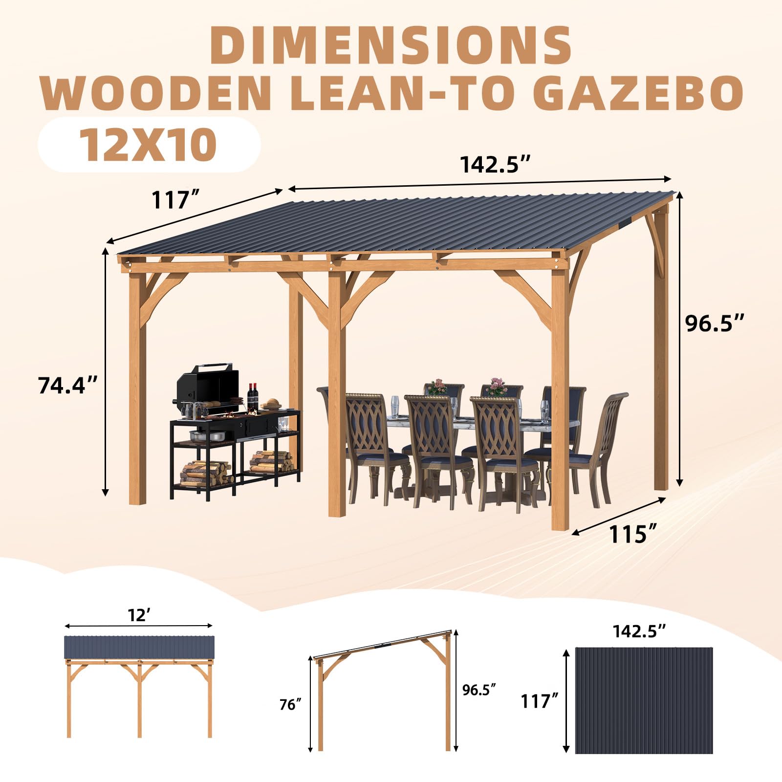 YODOLLA 12' x 10' Outdoor Wood Ceder Gazebo Lean to Hardtop Pergolasbest