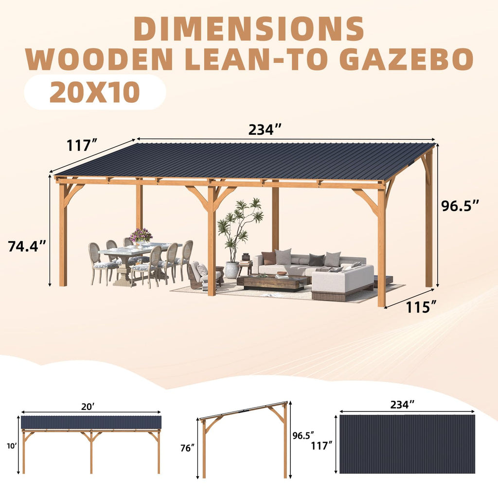 YODOLLA 20' x 10' Outdoor Wood Ceder Gazebo Lean to Hardtop Pergolas