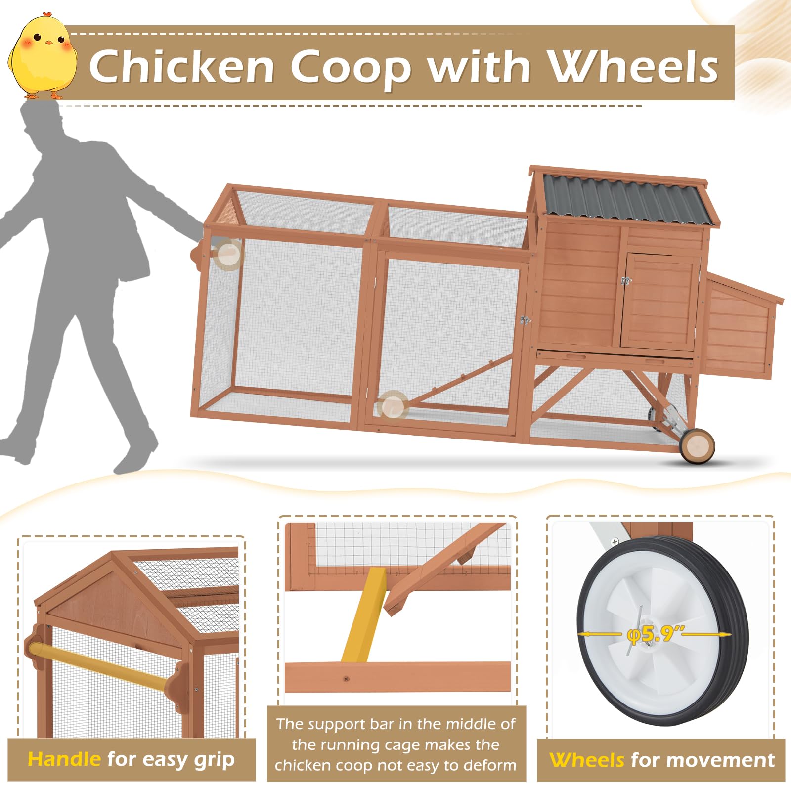 YODOLLA 95" Wooden Chicken Coop with Wheels Chicken Hutch Tractor, Brown