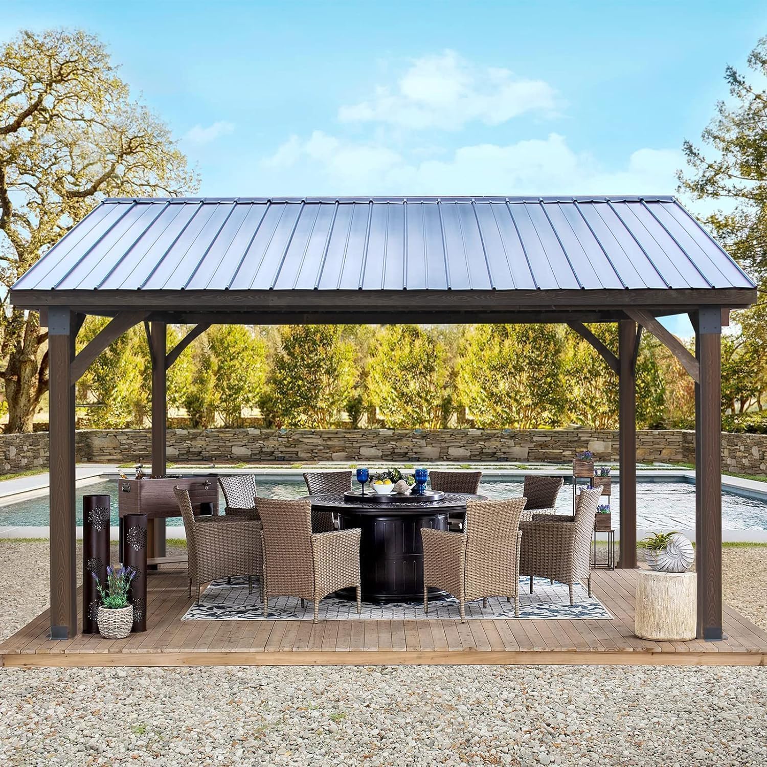 YODOLLA 14'x12' Wooden Gazebo on Clearance, Pergolas with  Arlington Polycarbonate Pyramid Hip Roof, Dark Brown Roof