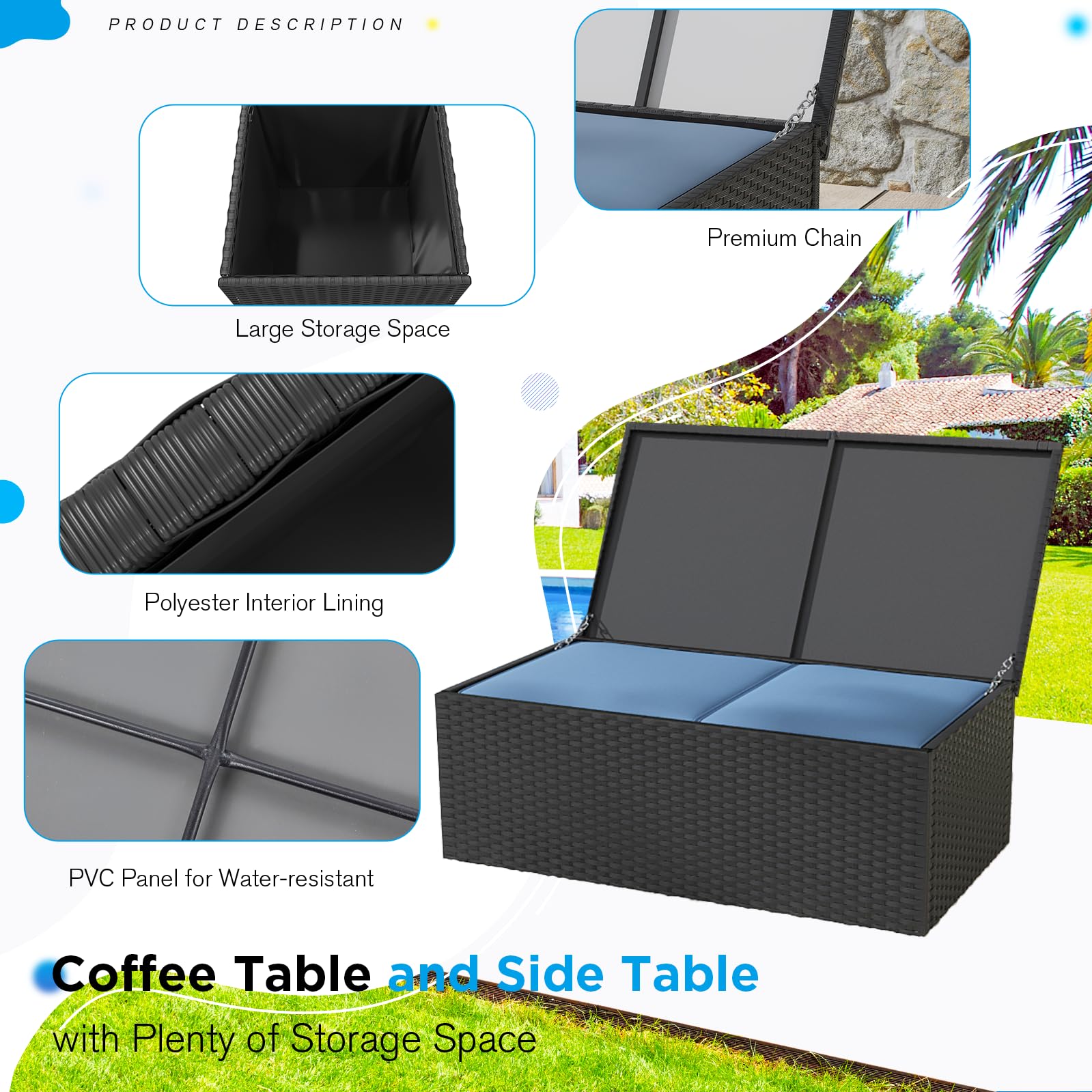 YODOLLA 7 PCS Outdoor Patio Furniture Sets with 2 Storage Boxes, Black & Dark Blue