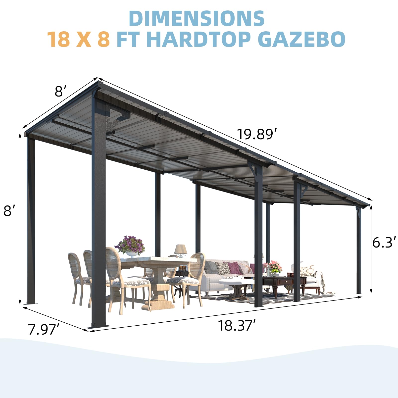 YODOLLA 18' x 8' Wall-Mounted Hard Top Lean-to Gazebo for Patio