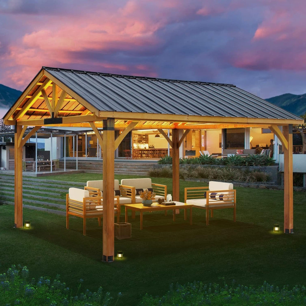 YODOLLA 14'x12' Wooden Gazebo on Clearance, Pergolas with  Arlington Polycarbonate Pyramid Hip Roof, Brown Roof