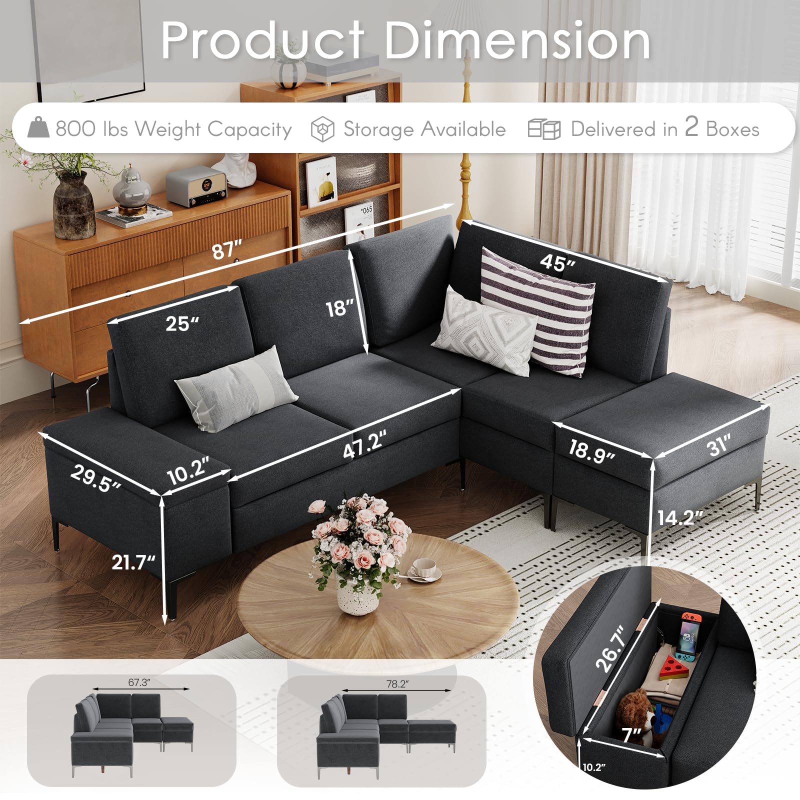 YODOLLA Sectional Couch with Ottoman Convertible Corner Couches with Armrest Storagebest