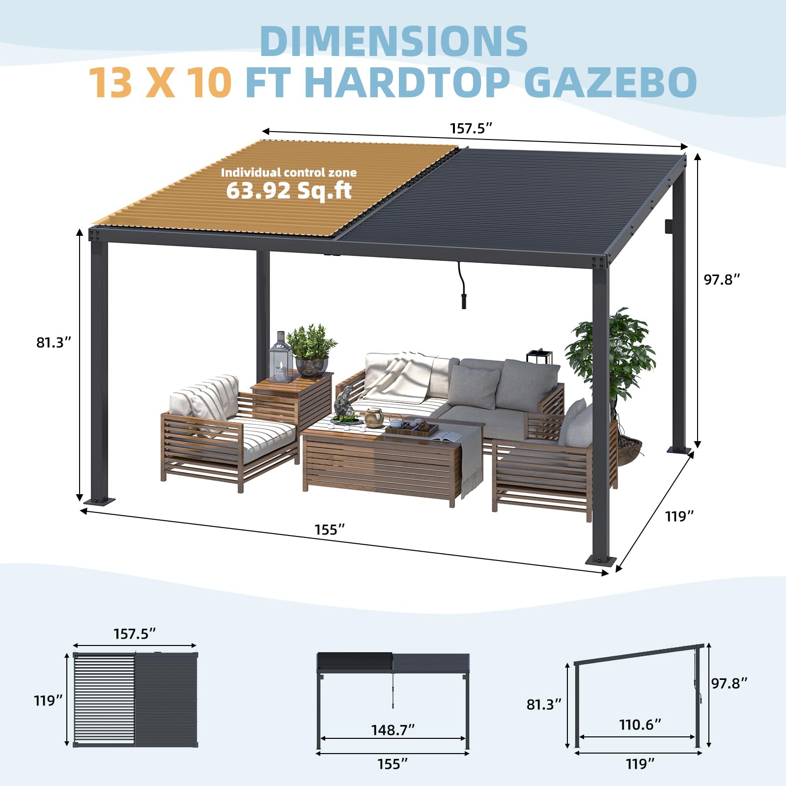 YODOLLA 13' x 10' Louvered Gazebo Pergola with Adjustable Metal Rainproof Patio Roof