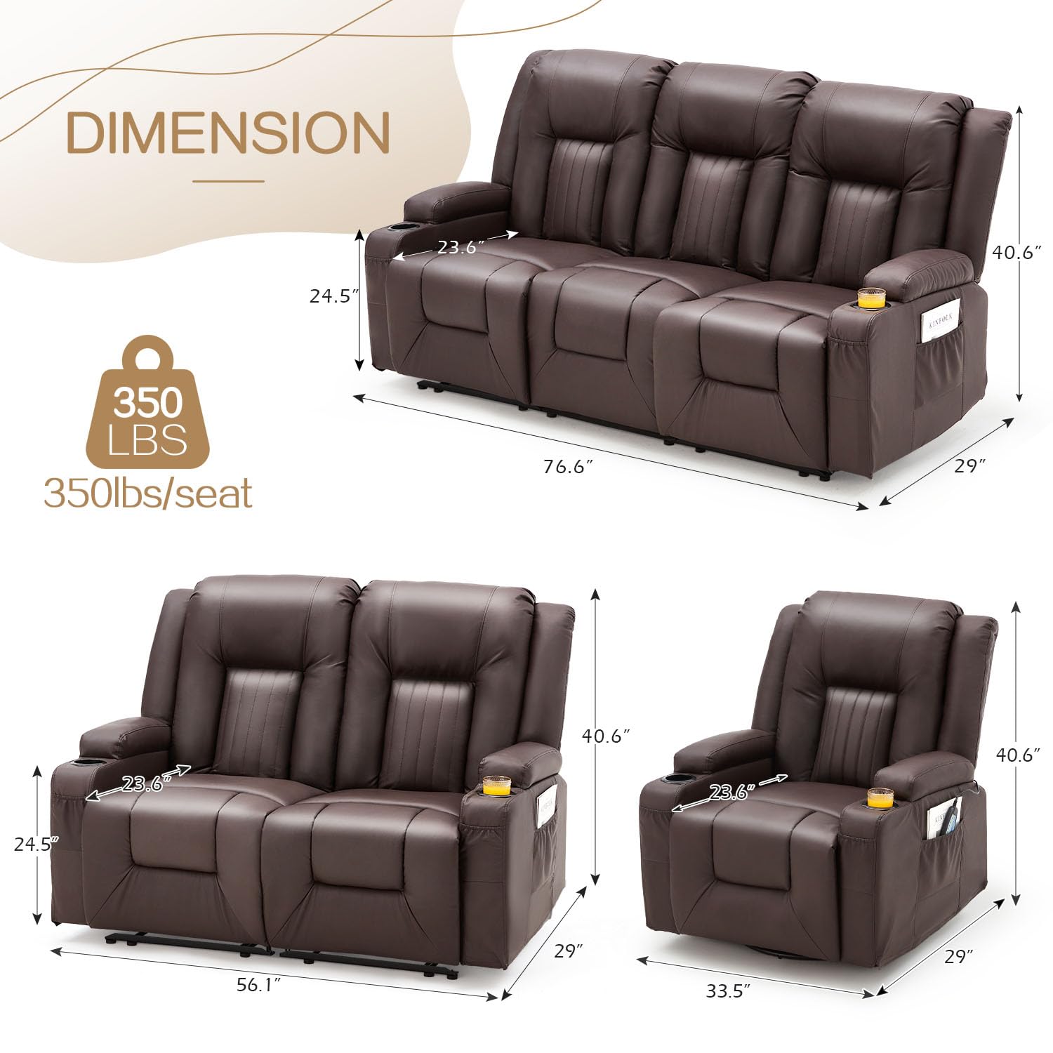 YODOLLA 3 PCS Leather Recliner Sofa Setbest