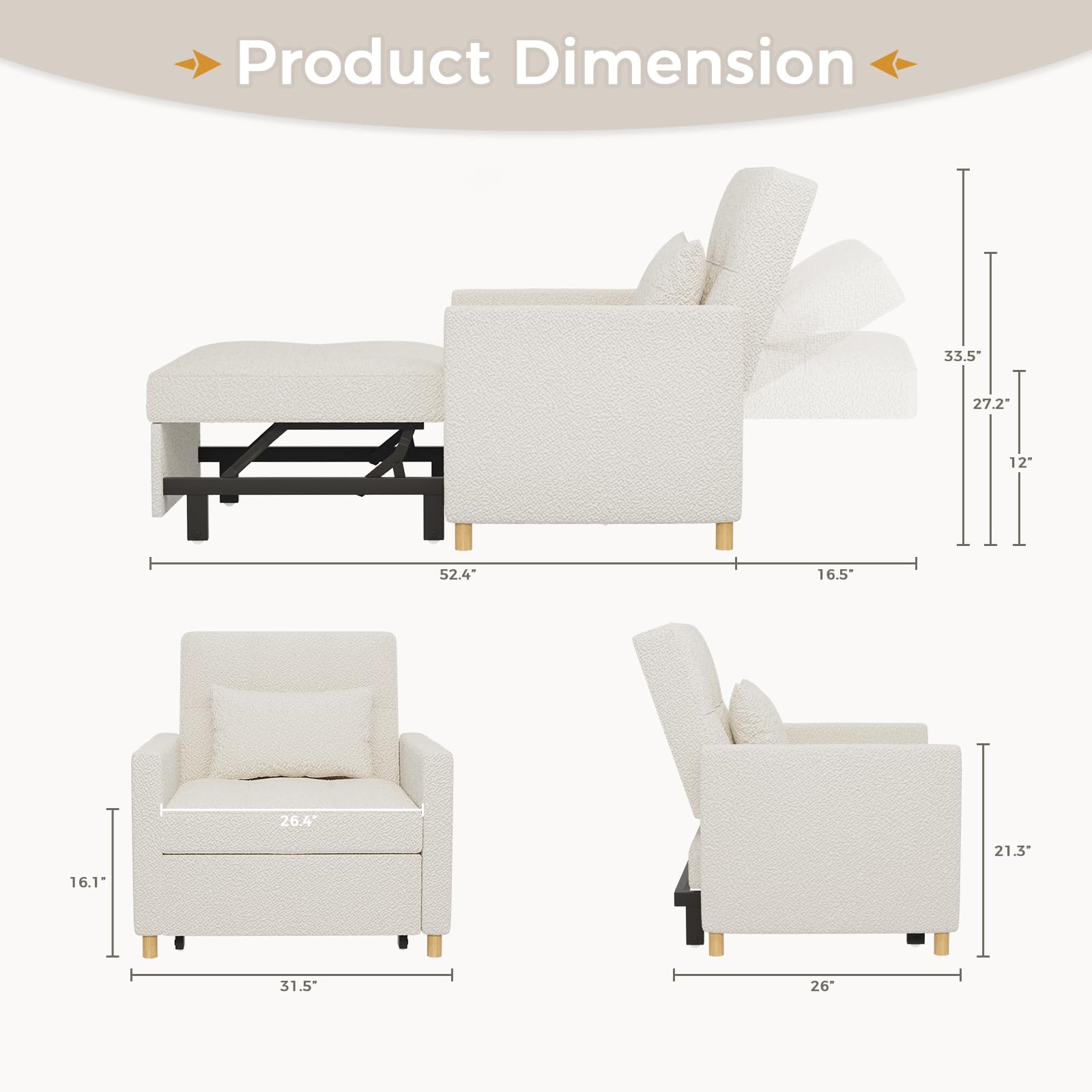 YODOLLA 3 in 1 Chair Bed Sleeper for Adults, Teddy White
