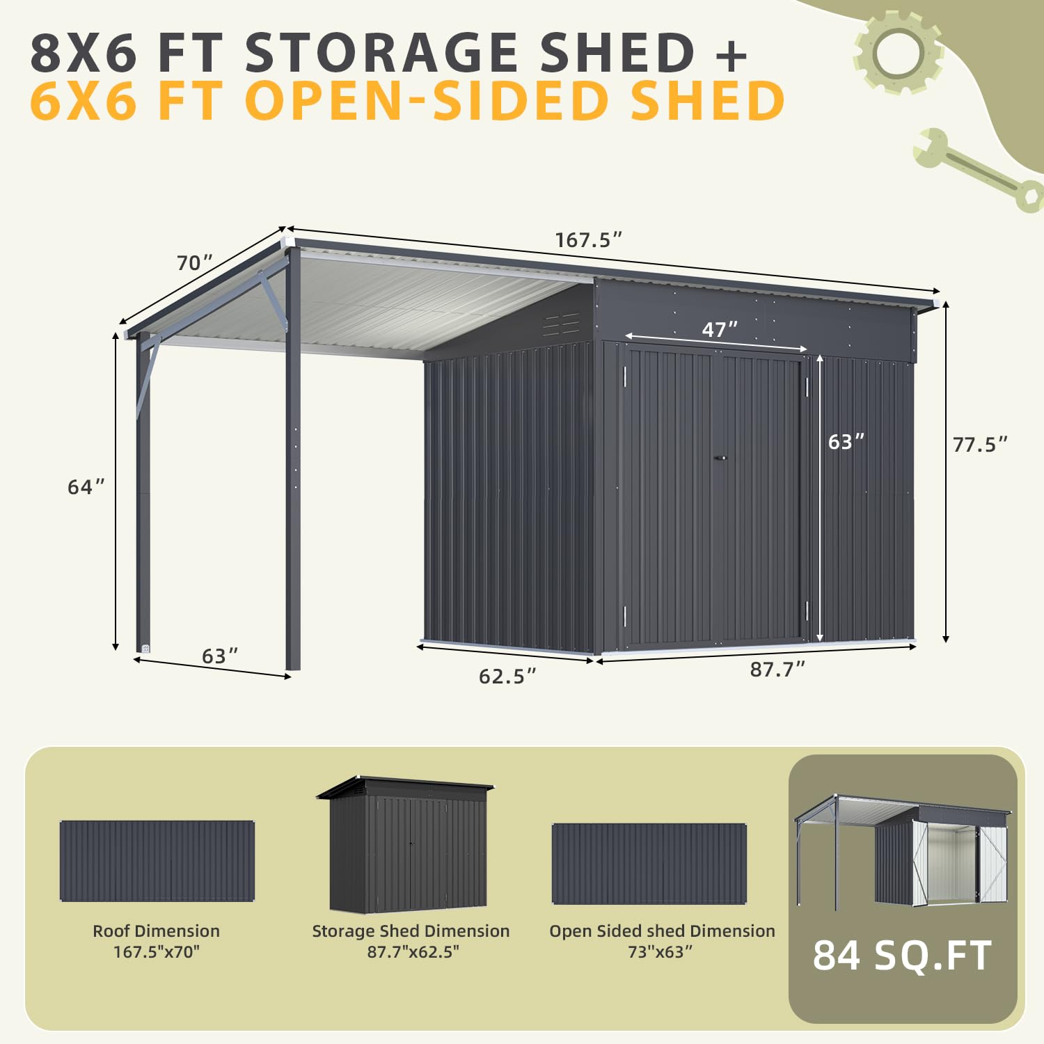 YODOLLA 14' x 5' Outdoor Open-Sided Metal Storage Shed
