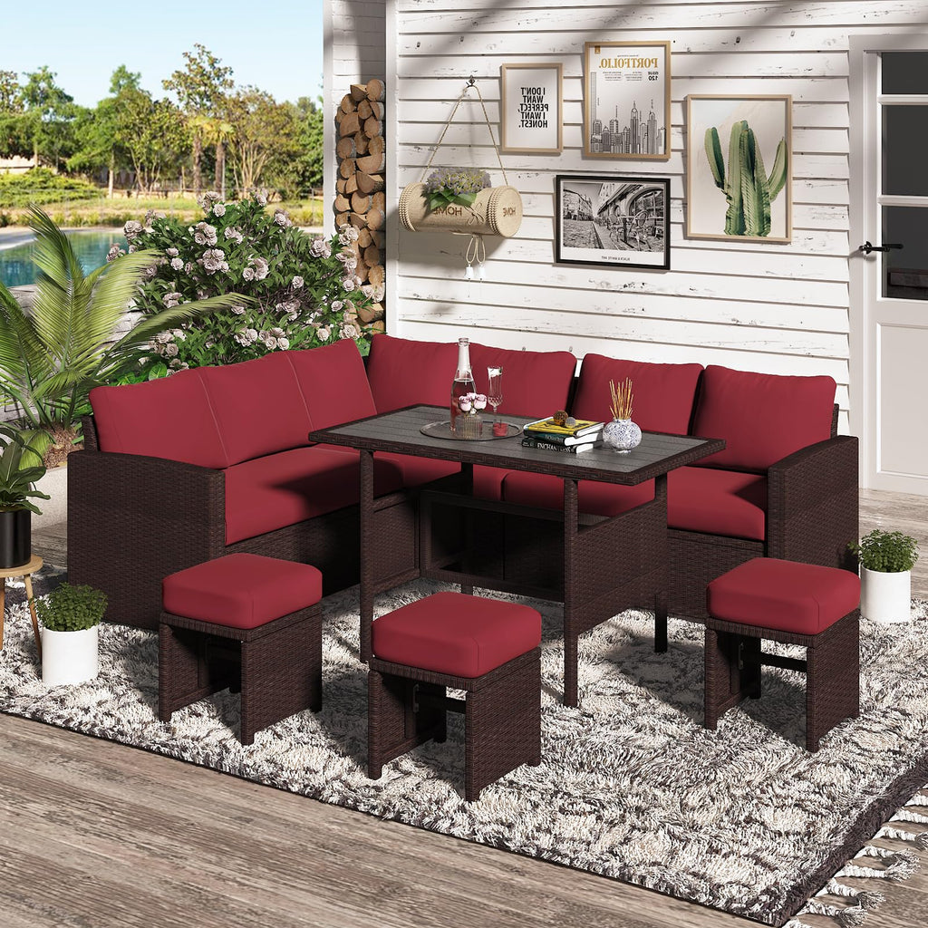 YODOLLA 7 Pieces Outdoor Wicker Rattan Furniture Set, Brown & Wine Redbest