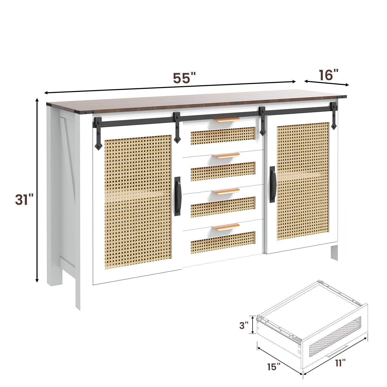 YODOLLA Farmhouse Sideboard Buffet Cabinet with Storage, Rattan Kitchen Cabinet w/Sliding Barn Doors & 4 Drawers