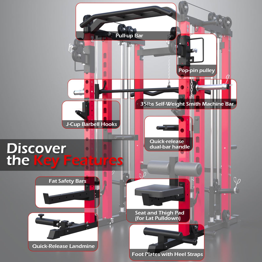YODOLLA Smith Machine Power Squat Rack Cage, 2000lbs All in One Dual Cable Crossover Machine
