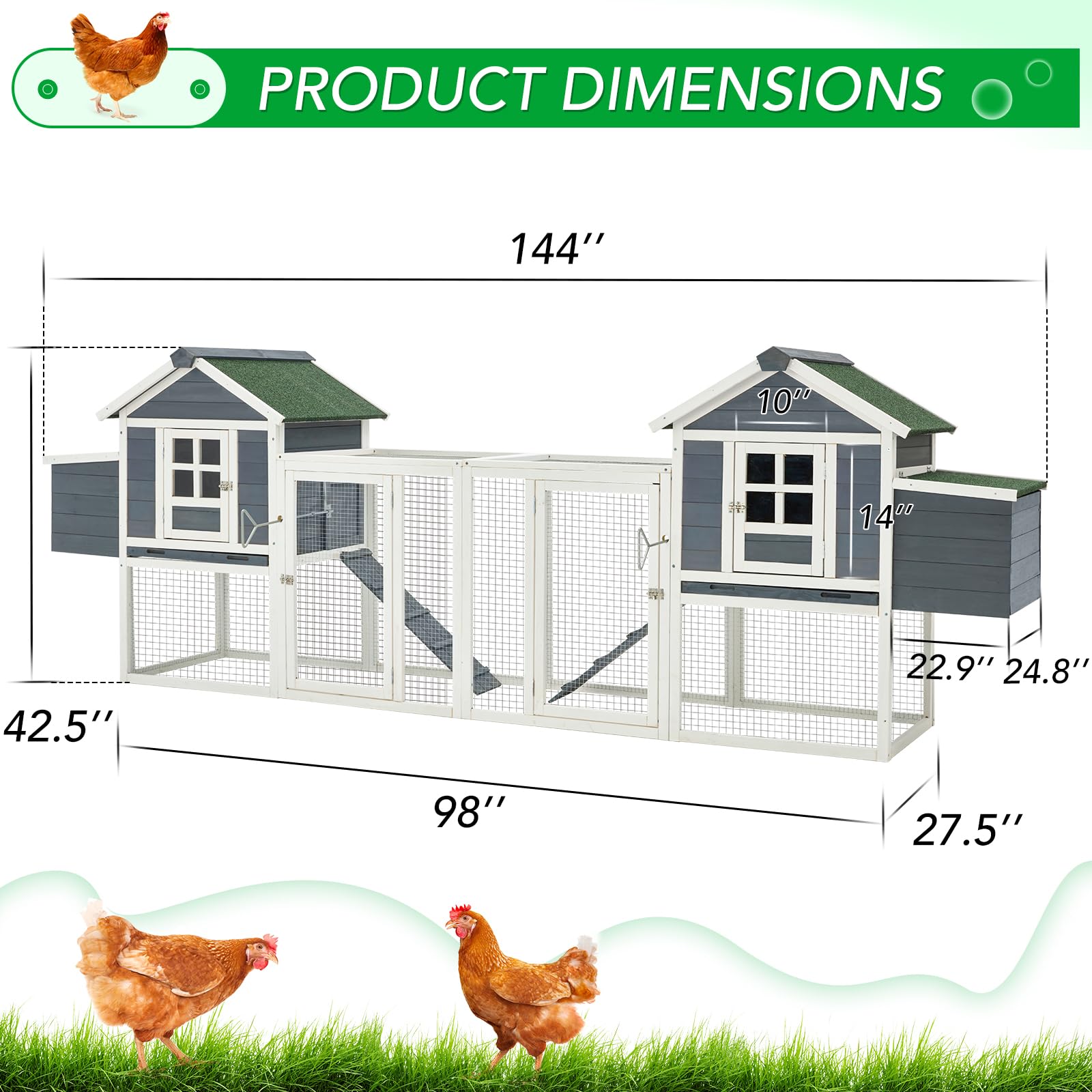 YODOLLA 123“ Chicken Coop Wooden Poultry Cage for 8-12 Chickens, Gray & White