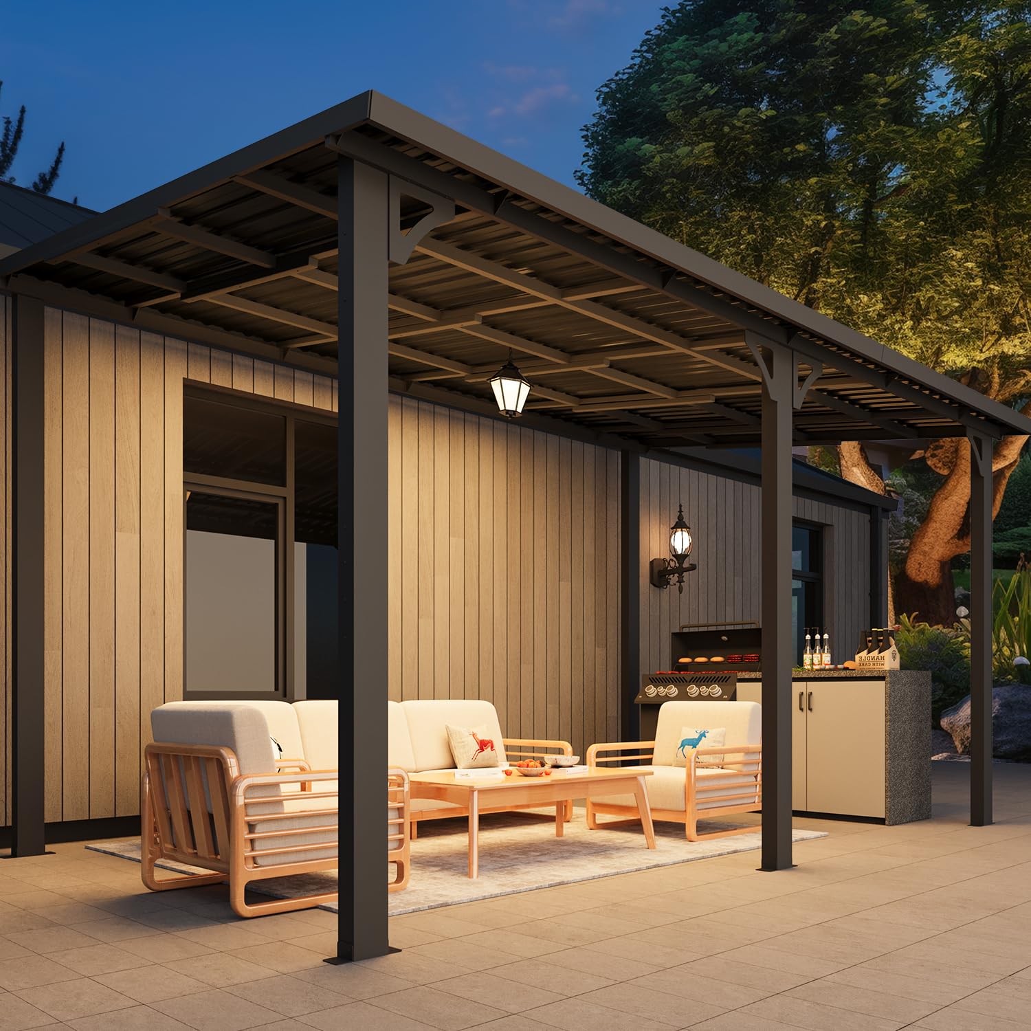 YODOLLA 14' x 8' Outdoor Hardtop Metal Gazebo Lean to Galvanized Steel Wall Mounted Pergolas