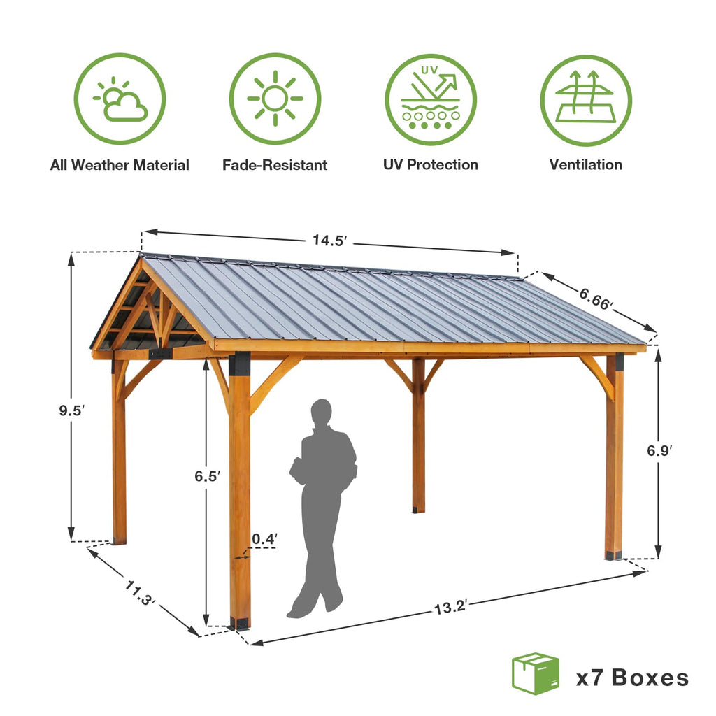 YODOLLA 14'x12' Wooden Gazebo on Clearance, Pergolas with  Arlington Polycarbonate Pyramid Hip Roof, Brown Roof