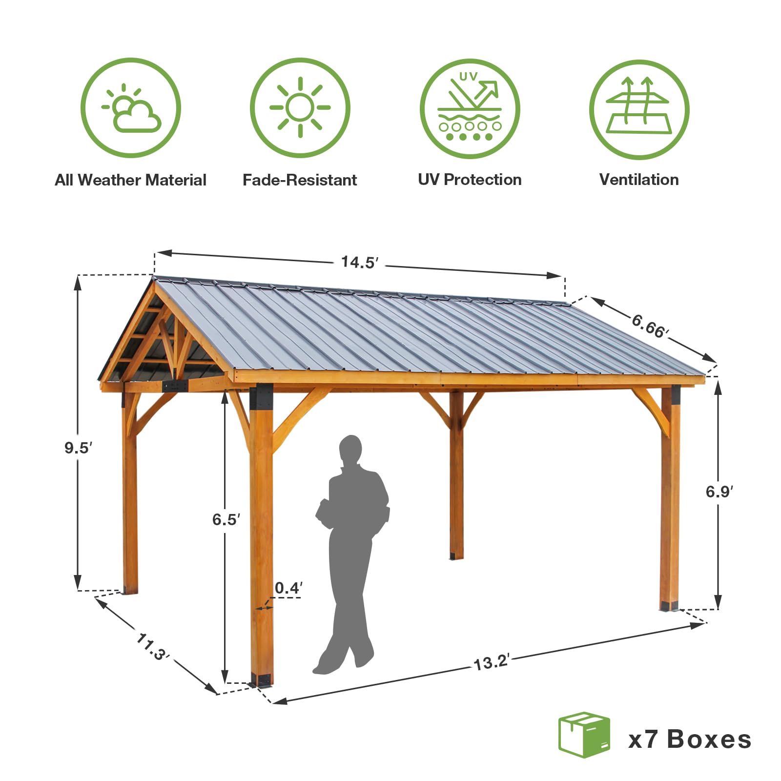 YODOLLA 14'x12' Wooden Gazebo on Clearance, Pergolas with  Arlington Polycarbonate Pyramid Hip Roof, Brown Roof