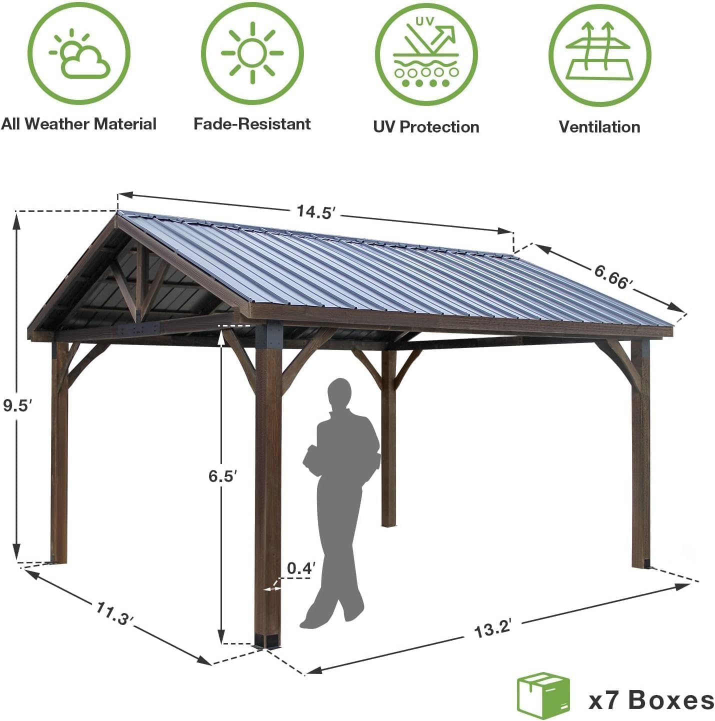 YODOLLA 14'x12' Wooden Gazebo on Clearance, Pergolas with  Arlington Polycarbonate Pyramid Hip Roof, Dark Brown Roof
