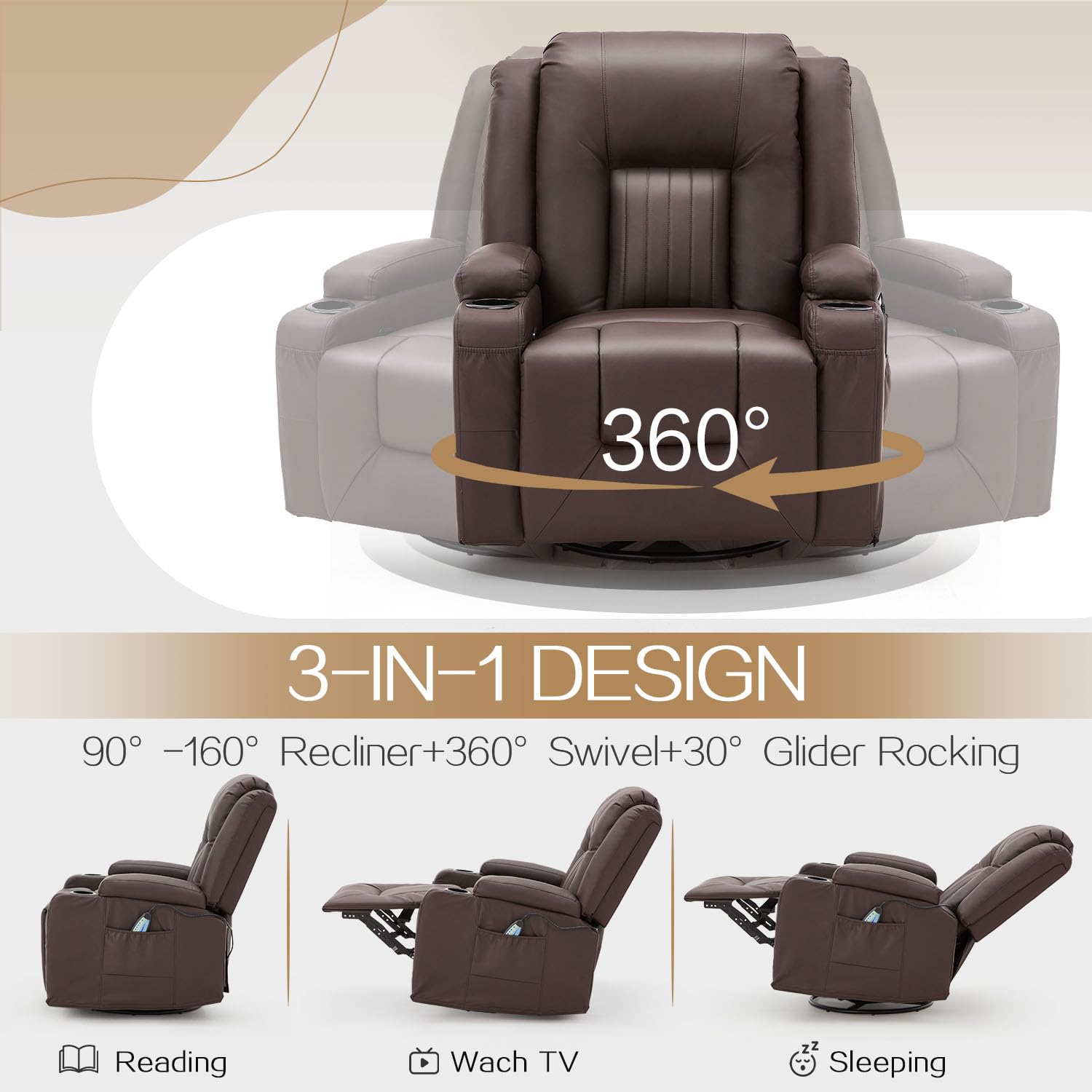 YODOLLA 3 PCS Leather Recliner Sofa Setbest