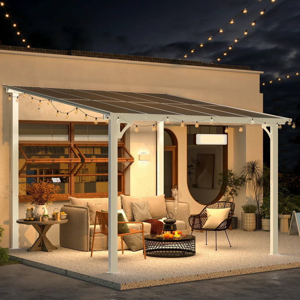 YODOLLA 10' x 10' Pergola Gazebo in White, Small Wall Mounted Pergolas and Gazebos on Clearance, Outdoor Patio Lean to Gazebo Metal Awnings for Deck, Porch, Backyard and More