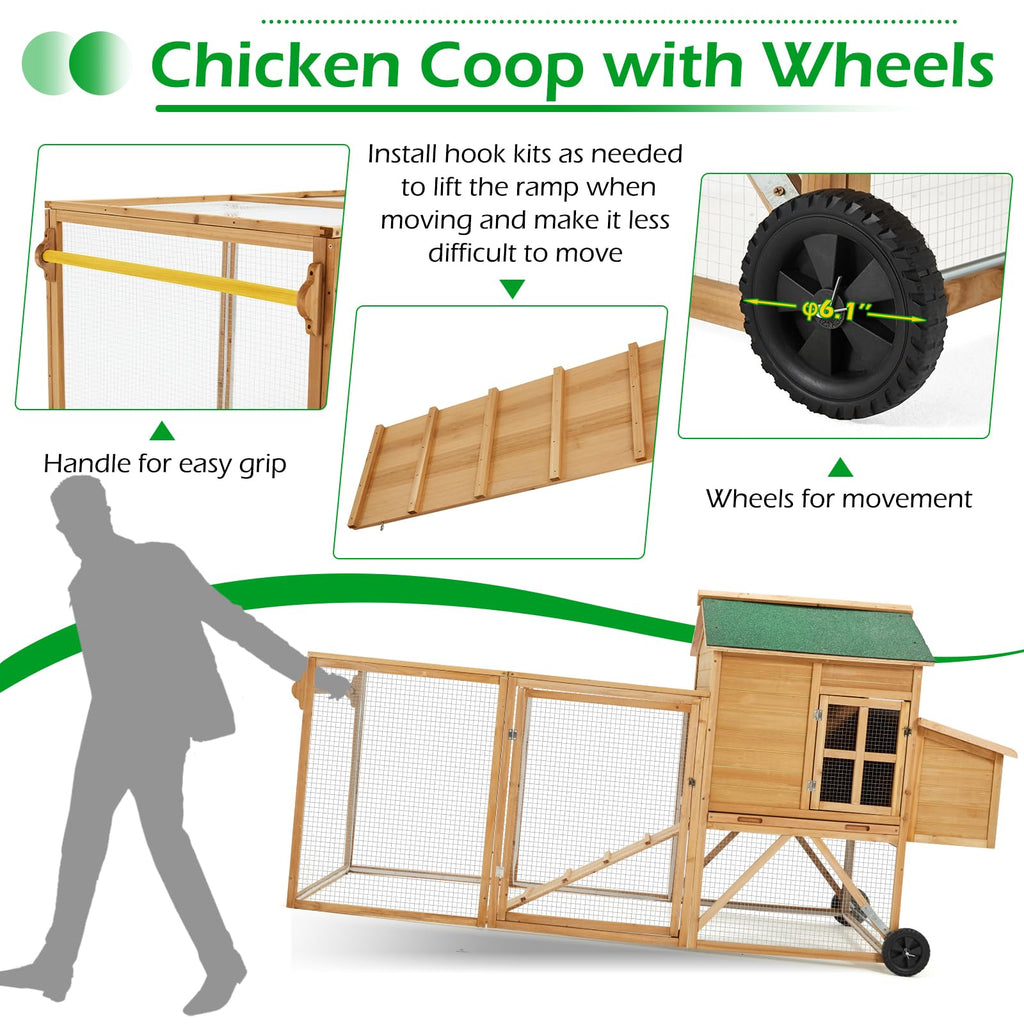 YODOLLA  96" Chicken Coop with Wheels, Large Outdoor Wooden Chicken Coop Chicken Run Pet Hutch Hen House with Run,Nesting Boxes, Ramps, Easy-Cleaning Tray for 6 Chickensbest